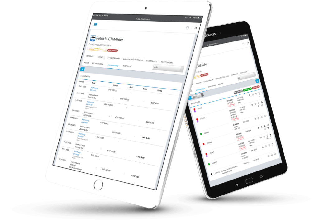 QualiDrive - Fahrschule verwalten, Ausbildung dokumentieren, mit Schülern kommunizieren. QualiDrive by CTM Alder AG.