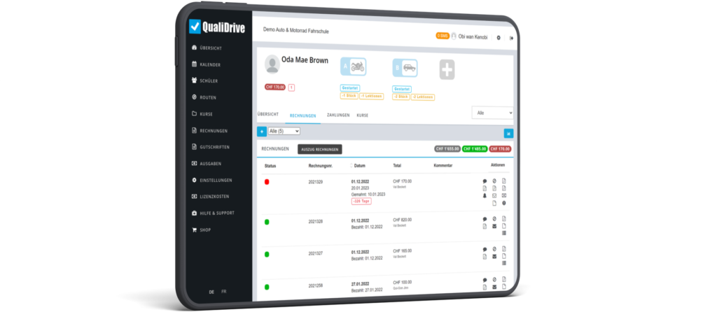 QualiDrive - Fahrschule verwalten, Ausbildung dokumentieren, mit Schülern kommunizieren. QualiDrive by CTM Alder AG.