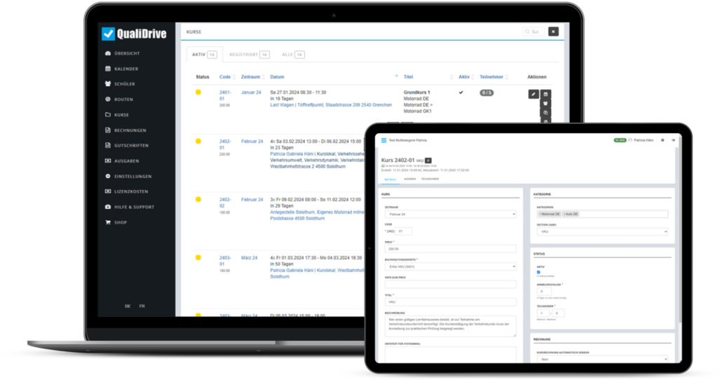 QualiDrive bietet Fahrschulen eine flexible Kursverwaltung für alle Arten von Kursen