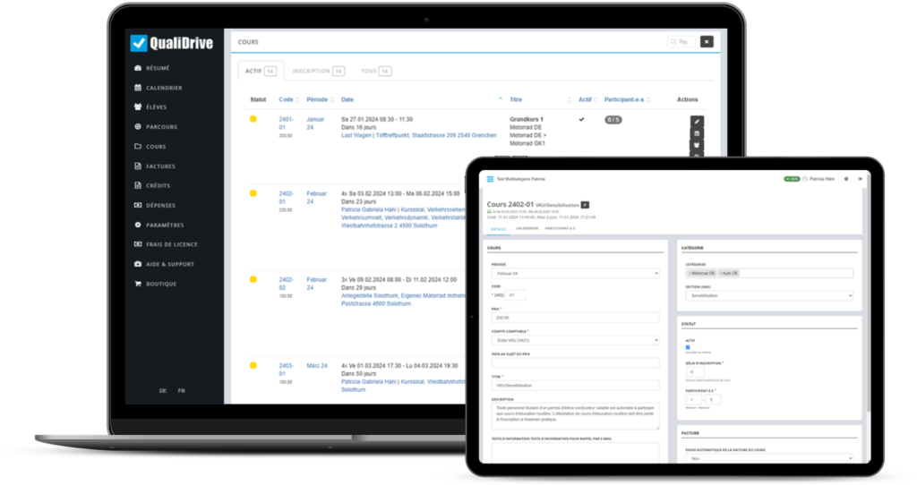 QualiDrive offre aux auto-écoles une gestion flexible des cours pour tous les types de cours QualiDrive offre aux auto-écoles une gestion flexible des cours pour tous les types de cours
